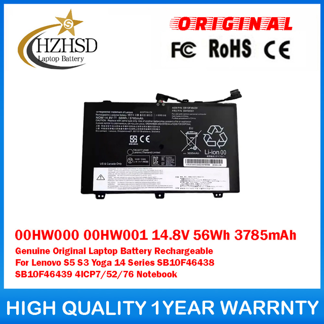 00HW000 00HW001 14.8V 56Wh 3785mAh Genuine Original Laptop Battery Rechargeable For Lenovo S5 S3 Yoga 14 Series SB10F46438 SB10F46439 4ICP7/52/76 Notebook