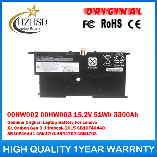 00HW002 15.2V 51Wh 3300Ah 00HW003 15.2V 50Wh 2950mAh Genuine Original Laptop Battery For Lenovo X1 Carbon Gen 3 Ultrabook 2015 SB10F46440 SB10F46441 45N1701 45N1702 45N1703