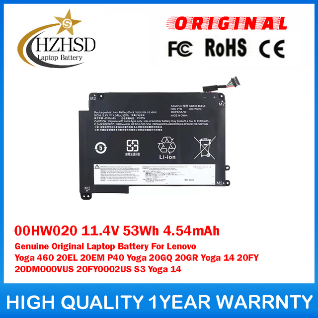 00HW020 11.4V 53Wh 4.54mAh Genuine Original Laptop Battery For Lenovo Yoga 460 20EL 20EM P40 Yoga 20GQ 20GR Yoga 14 20FY 20DM000VUS 20FY0002US S3 Yoga 14