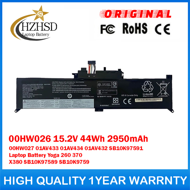 00HW026 15.2V 44Wh 2950mAh 00HW027 01AV433 01AV434 01AV432 SB10K97591 Genuine Original Laptop Battery For Lenovo Yoga 260 370 X380 SB10K97589 SB10K9759