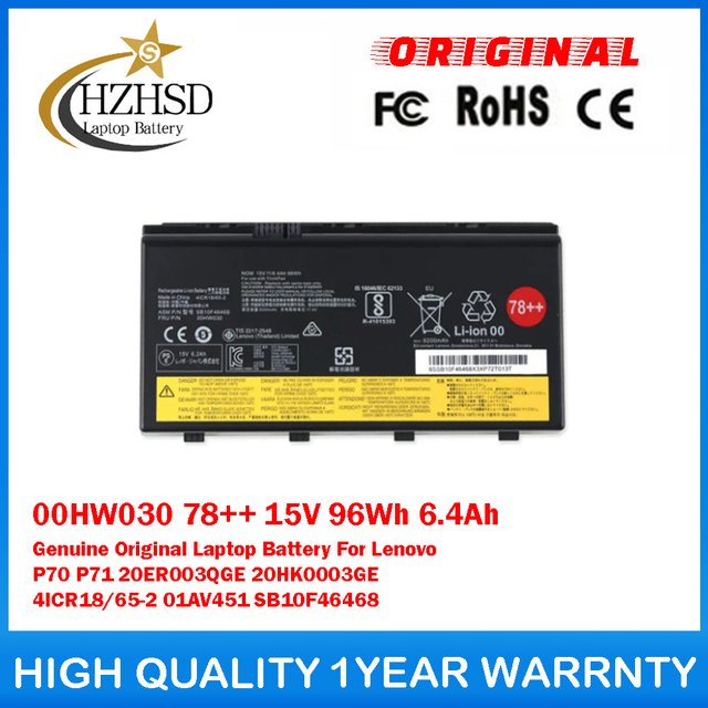 00HW030 78++ 15V 96Wh Genuine Original Laptop Battery For Lenovo P70 P71 20ER003QGE 20HK0003GE 4ICR18/65-2 01AV451 SB10F46468