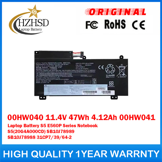 00HW040 11.4V 47Wh 4.12Ah 00HW041 Genuine Original Laptop Battery For Lenovo S5 E560P Series Notebook S5(20G4A000CD) SB10J78989 SB10J78988 31CP7/39/64-2