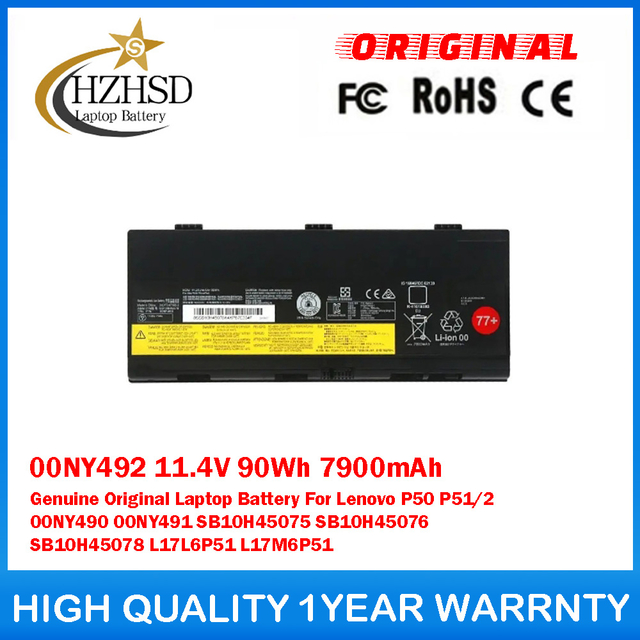 00NY492 77+ 11.4V 90Wh 7900mAh Genuine Original Laptop Battery For Lenovo P50/1 00NY490 00NY491 SB10H45075 SB10H45076 SB10H45078 L17L6P51 L17M6P51