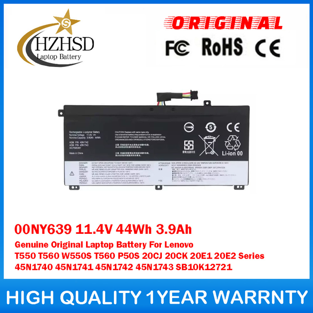 00NY639 11.4V 44Wh 3.9Ah Genuine Original Laptop Battery For Lenovo T550 T560 W550S T560 P50S 20CJ 20CK 20E1/2 45N1740 45N1741 45N1742 45N1743 SB10K12721