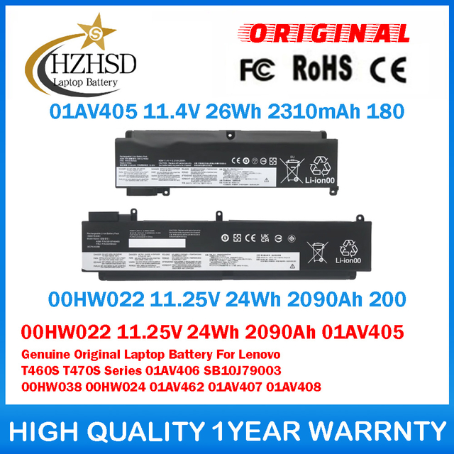 00HW022 11.25V 24Wh 2090Ah 01AV405 11.4V 26Wh 2310mAh Genuine Original Laptop Battery For Lenovo T460S T470S Series 01AV406 SB10J79003 00HW038 00HW024 01AV462 01AV407 01AV408