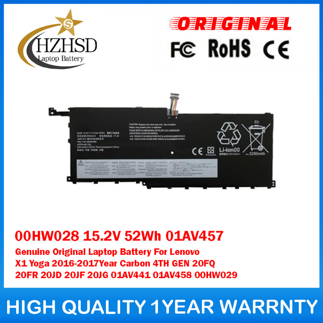 00HW028 15.2V 52Wh 01AV457 4Cell Genuine Original Laptop Battery For Lenovo X1 Yoga 2016-2017 Year Carbon 4TH GEN 20FQ 20FR 20JD 20JF 20JG 01AV441 01AV458 00HW029