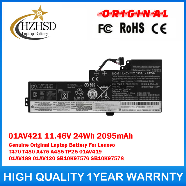 01AV421 11.46V 24Wh 2095mAh Genuine Original Laptop Battery For Lenovo T470/80 A475/85 TP25 01AV419 01AV489 01AV420 SB10K97576 SB10K97578