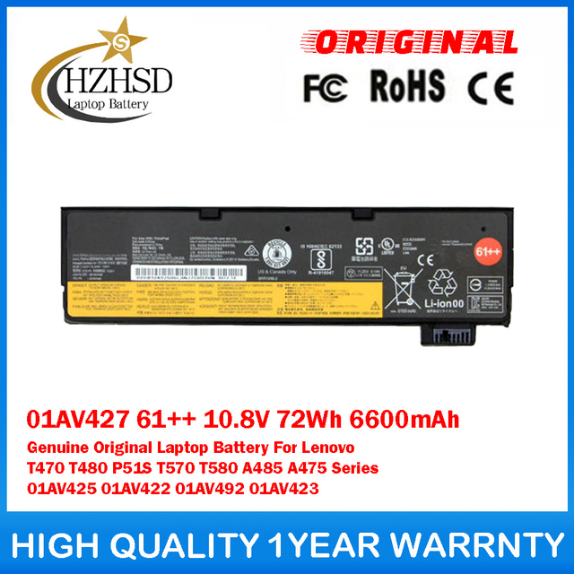 01AV427 61++ 10.8V 72Wh 6600mAh Genuine Original Laptop Battery For Lenovo T470 T480 P51S T570 T580 A485 A475 Series 01AV425 01AV422 01AV492 01AV423