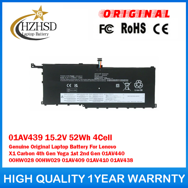 01AV439 15.2V 52Wh Genuine Original Laptop Battery For Lenovo X1 Carbon Gen4 2016 X1 Yoga 1st 2016 SB10F46467 SB10F46466 00HW029 00HW028 01AV409 01AV438 01AV441