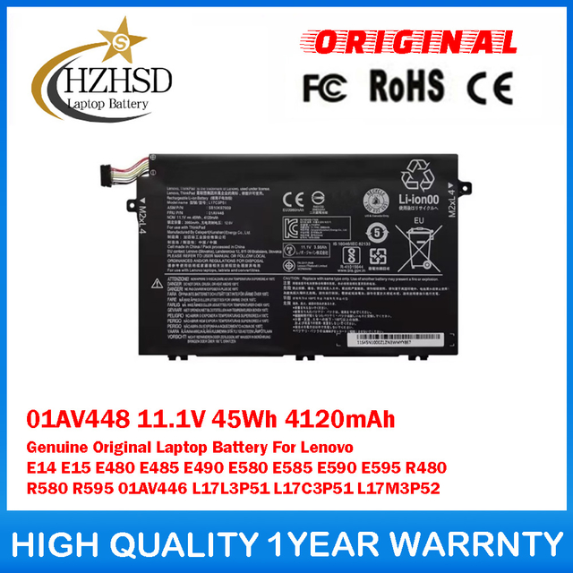 01AV448 11.1V 45Wh 4120mAh Genuine Original Laptop Battery For Lenovo E14 E15 E480 E485 E490 E580 E585 E590 E595 R480 R580 R595 01AV446 L17L3P51 L17C3P51 L17M3P52