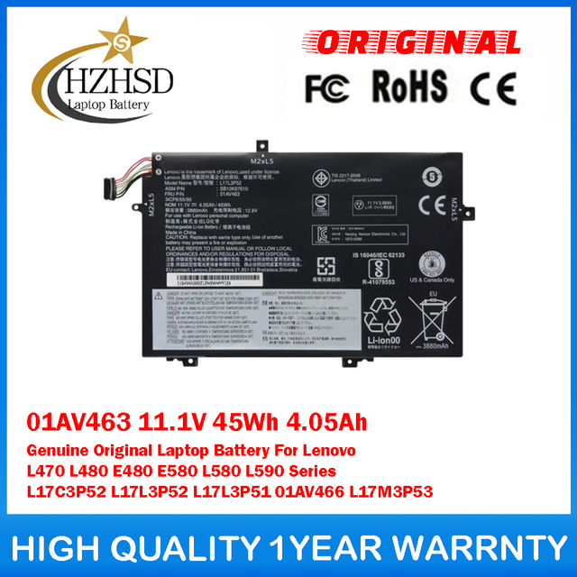 01AV463 11.1V 45Wh 4.05Ah Genuine Original Laptop Battery For Lenovo L470 L480 E480 E580 L580 L590 Series L17C3P52 L17L3P52 L​17L3P51 01AV466 L17M3P53