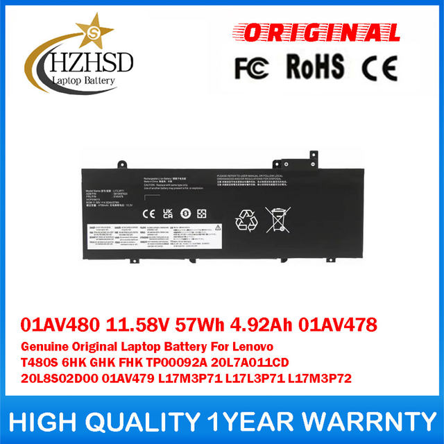 01AV480 11.58V 57Wh 4.92Ah 01AV478 Genuine Original Laptop Battery For Lenovo T480S 6HK GHK FHK TP00092A 20L7A011CD 20L8S02D00 01AV479 L17M3P71 L17L3P71 L17M3P72