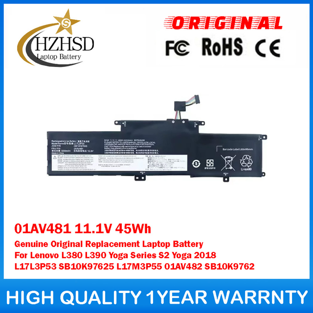 01AV481 11.1V 45Wh Genuine Original Replacement Laptop Battery For Lenovo L380 L390 Yoga Series S2 Yoga 2018 L17L3P53 SB10K97625 L17M3P55 01AV482 SB10K9762