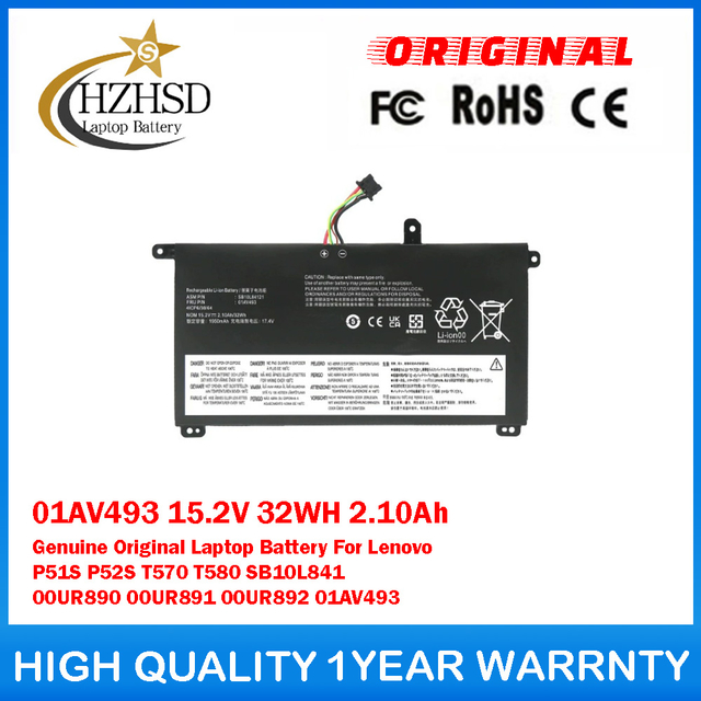 01AV493 15.2V 32WH 2.10Ah Genuine Original Laptop Battery For Lenovo P51S P52S T570 T580 SB10L841 00UR890 00UR891 00UR892 01AV493
