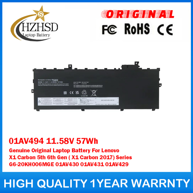 01AV494 11.58V 57Wh Genuine Original Laptop Battery For Lenovo X1 Carbon 5th 6th Gen ( X1 Carbon 2017) Series G6-20KH006MGE 01AV430 01AV431 01AV429