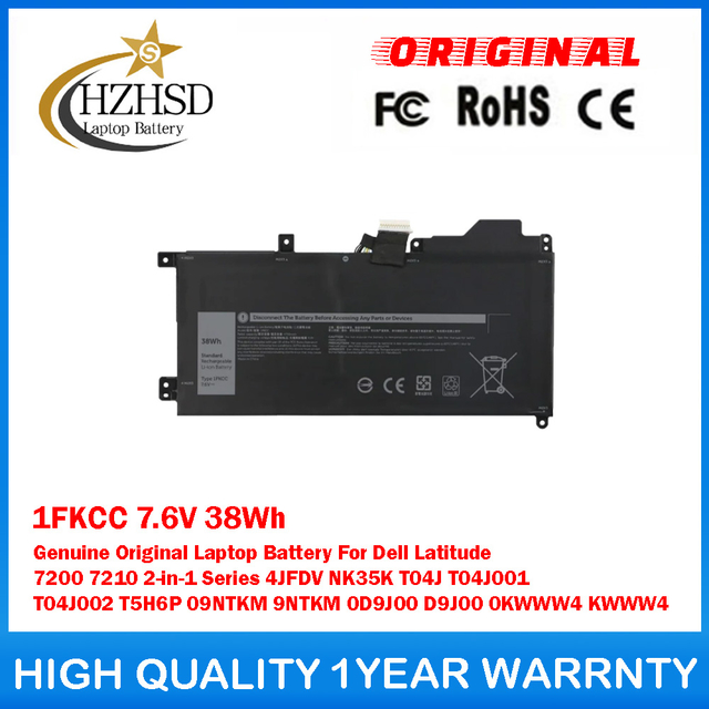 1FKCC 7.6V 38Wh Genuine Original Laptop Battery For Dell Latitude 7200 7210 2-in-1 Series 4JFDV NK35K T04J T04J001 T04J002 T5H6P 09NTKM 9NTKM 0D9J00 D9J00 0KWWW4 KWWW4
