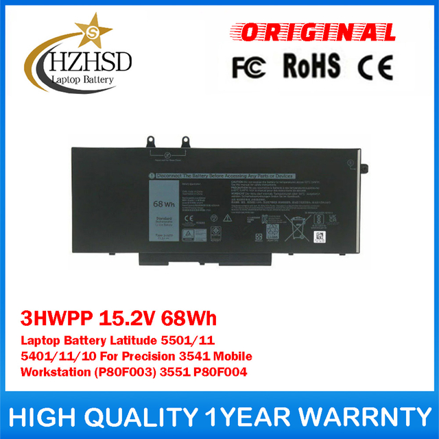 3HWPP 15.2V 68Wh Genuine Original Laptop Battery For Dell Latitude 5501/11 5401/11/10 For Precision 3541 Mobile Workstation (P80F003) 3551 P80F004