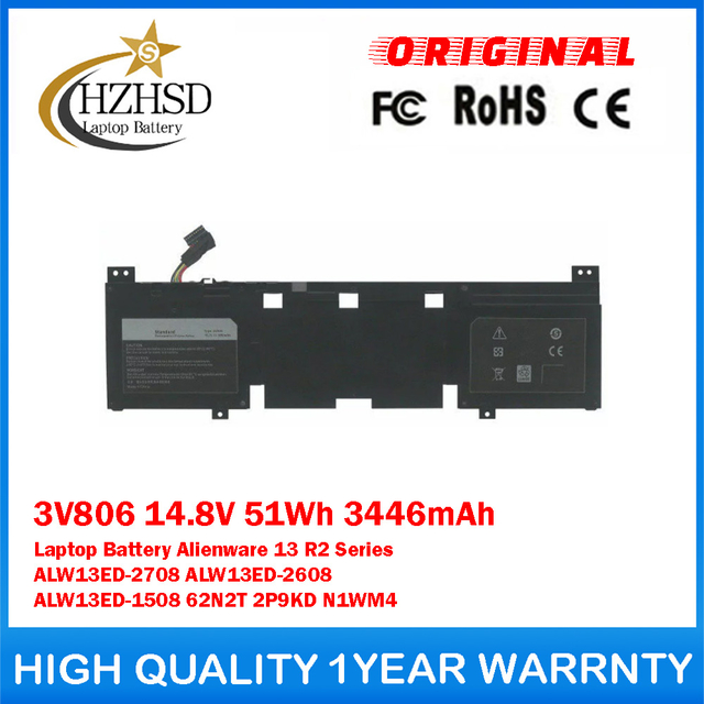3V806 14.8V 51Wh 3446mAh Genuine Original Laptop Battery For Dell Alienware 13 R2 Series ALW13ED-2708 ALW13ED-2608 ALW13ED-1508 62N2T 2P9KD N1WM4