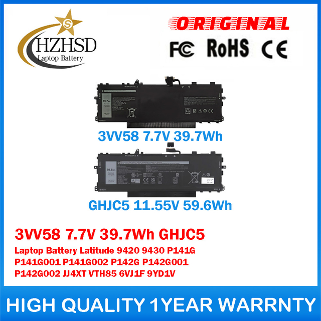 3VV58 7.7V 39.7Wh GHJC5 11.55V 59.6Wh Genuine Original Laptop Battery For Dell Latitude 9420 9430 P141G P141G001 P141G002 P142G P142G001 P142G002 JJ4XT VTH85 6VJ1F 9YD1V
