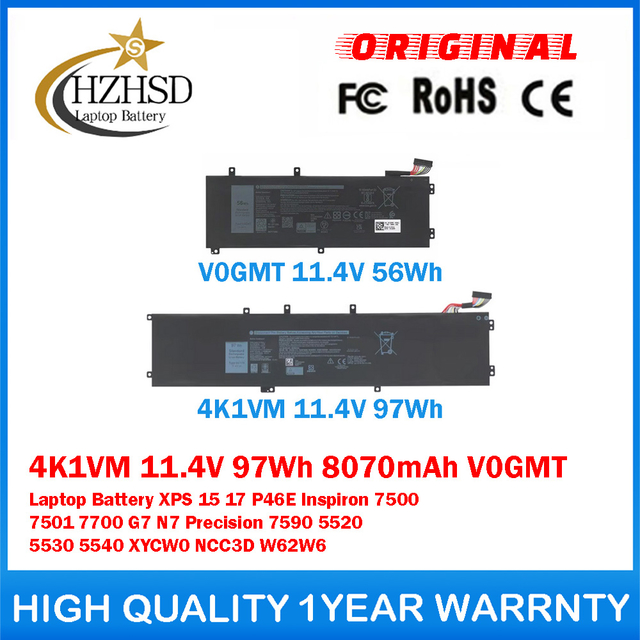 4K1VM 11.4V 97Wh 8070mAh V0GMT 11.4V 56Wh Genuine Original Notebook Laptop Battery For Dell XPS 15 17 P46E Inspiron 7500 7501 7700 G7 N7 Precision 7590 5520 5530 5540 XYCW0 NCC3D W62W6