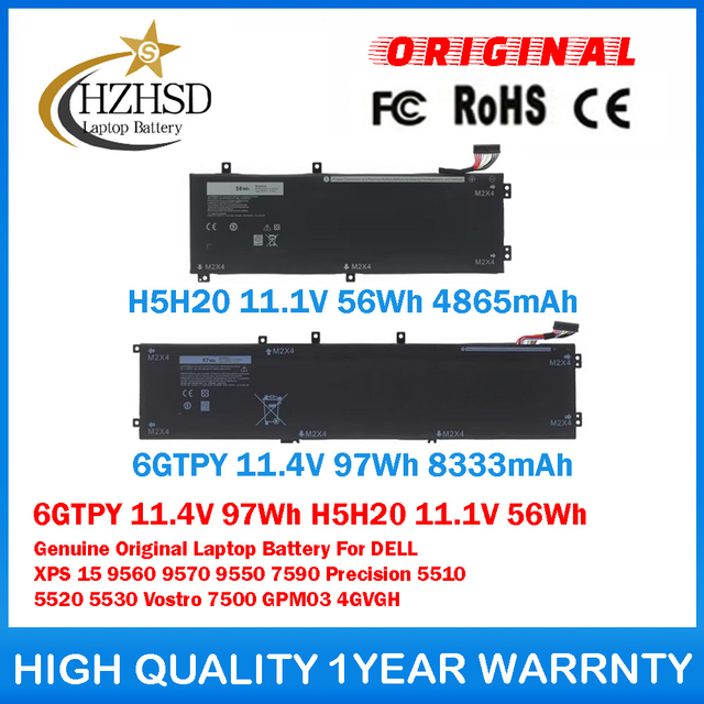 6GTPY 11.4V 97Wh H5H20 11.1V 56Wh Genuine Original Laptop Battery For DELL XPS 15 9560 9570 9550 7590 Precision 5510 5520 5530 Vostro 7500 GPM03 4GVGH