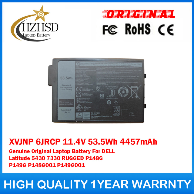 6JRCP 11.4V 53.5Wh 4457mAh XVJNP Genuine Original Laptop Battery For DELL Latitude 5430 7330 RUGGED P148G P149G P148G001 P149G001