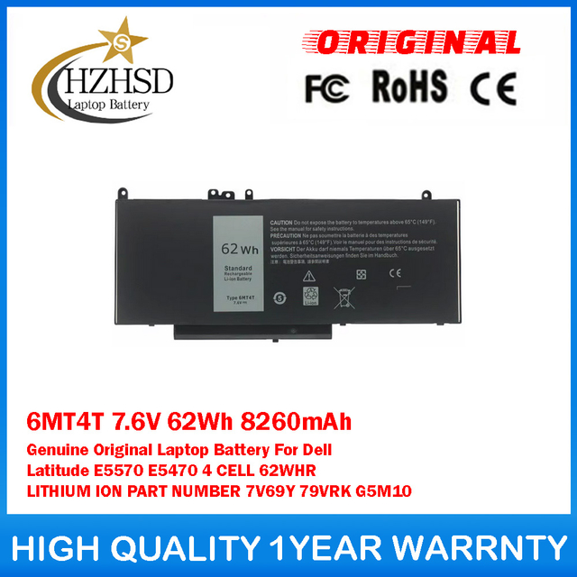 6MT4T 7.6V 62Wh 8260mAh Genuine Original Laptop Battery For Dell Latitude E5570 E5470 4CELL 62WHR LITHIUM ION PART NUMBER 7V69Y 79VRK G5M10