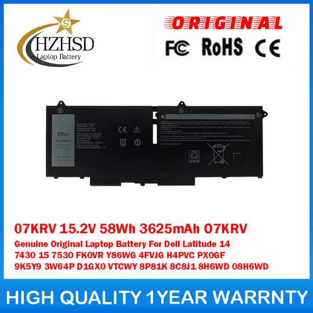 07KRV 15.2V 58Wh 3625mAh O7KRV Genuine Original Laptop Battery For Dell Latitude 14 7430 15 7530 FK0VR Y86WG 4FVJG H4PVC PX0GF 9K5Y9 3W64P D1GX0 VTCWY 8P81K 8C8J1 8H6WD 08H6WD