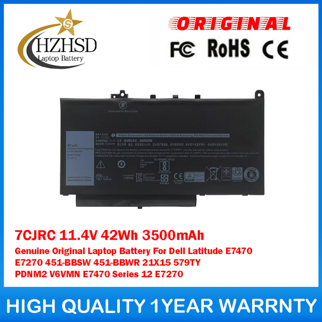 7CJRC 11.4V 42Wh 3500mAh Genuine Original Laptop Battery For Dell Latitude E7470 E7270 451-BBSW 451-BBWR 21X15 579TY PDNM2 V6VMN E7470 Series 12 E7270