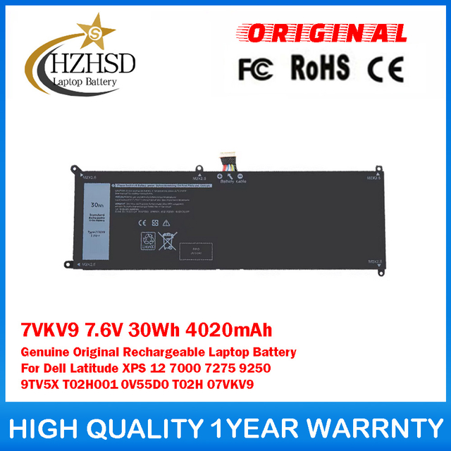 7VKV9 7.6V 30Wh 4020mAh Genuine Original Rechargeable Laptop Battery For Dell Latitude XPS 12 7000 7275 9250 9TV5X T02H001 0V55D0 T02H 07VKV9