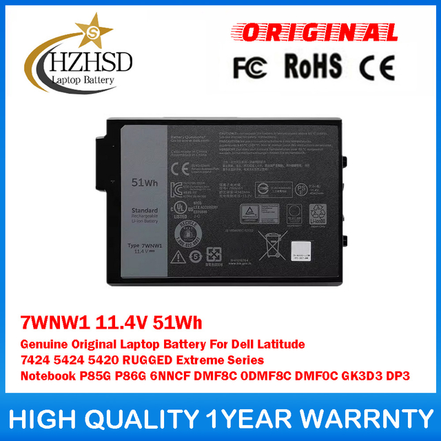 7WNW1 11.4V 51Wh Genuine Original Laptop Battery For Dell Latitude 7424 5424 5420 RUGGED Extreme Series Notebook P85G P86G 6NNCF DMF8C 0DMF8C DMF0C GK3D3 DP3