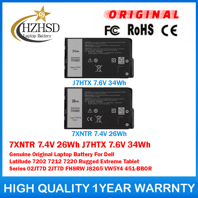 7XNTR 7.4V 26Wh J7HTX 7.6V 34Wh Genuine Original Laptop Battery For Dell Latitude 7202 7212 7220 Rugged Extreme Tablet Series 02JT7D 2JT7D FH8RW J82G5 VW5Y4 451-BBOR