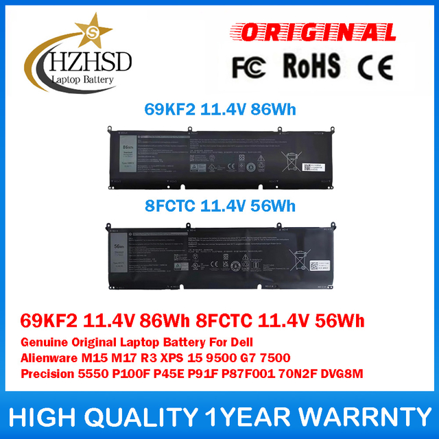 69KF2 11.4V 86Wh 8FCTC 11.4V 56Wh Genuine Original Laptop Battery For Dell Alienware M15 M17 R3 XPS 15 9500 G7 7500 Precision 5550 P100F P45E P91F P87F001 70N2F DVG8M