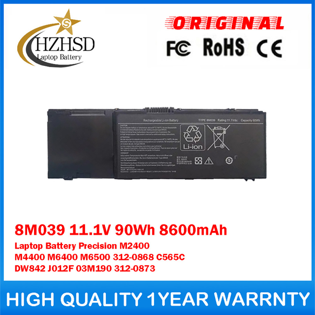8M039 11.1V 90Wh 8600mAh Genuine Original Laptop Battery For Dell Precision M2400 M4400 M6400 M6500 312-0868 C565C DW842 J012F 03M190 312-0873