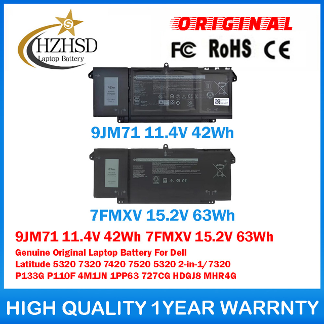 9JM71 11.4V 42Wh 7FMXV 15.2V 63Wh Genuine Original Laptop Battery For Dell Latitude 5320 7320 7420 7520 5320 2-in-1/7320 P133G P110F 4M1JN 1PP63 727CG HDGJ8 MHR4G