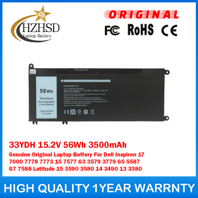 33YDH 15.2V 56Wh 3500mAh Genuine Original Laptop Battery For Dell Inspiron 17 7000 7778 7773 15 7577 G3 3579 3779 G5 5587 G7 7588 Latitude 15 3590 3580 14 3490 13 3380