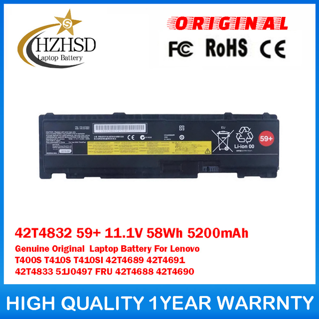42T4832 59+ 11.1V 58Wh 5200mAh Genuine Original  Laptop Battery For Lenovo T400S T410S T410SI 42T4689 42T4691 42T4833 51J0497 FRU 42T4688 42T4690