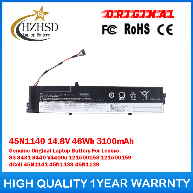 45N1140 14.8V 46Wh 3100mAh Genuine Original Laptop Battery For Lenovo S3-S431 S440 V4400u 121500158 121500159 4Cell 45N1141 45N1138 45N1139