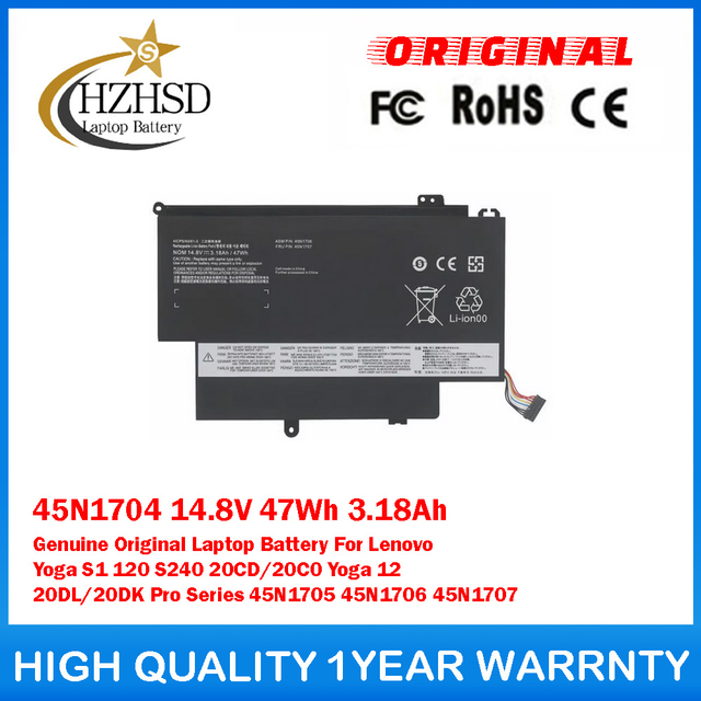 45N1704 14.8V 47Wh 3.18Ah Genuine Original Laptop Battery For Lenovo Yoga S1 120 S240 20CD/20C0 Yoga 12 20DL/20DK Pro Series 45N1705 45N1706 45N1707