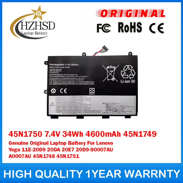 45N1750 7.4V 34Wh 4600mAh 45N1749 Genuine Original Laptop Battery For Lenovo Yoga 11E-20D9 20DA 20E7 20D9-90007AU A0007AU 45N1748 45N1751