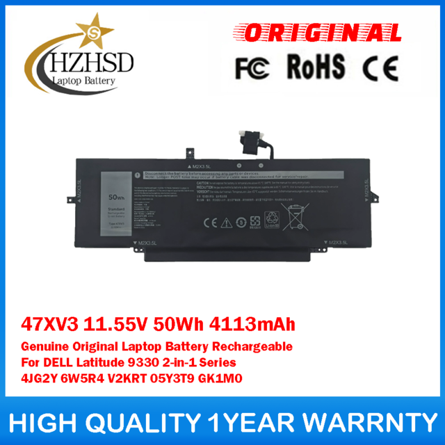 47XV3 11.55V 50Wh 4113mAh Genuine Original Laptop Battery Rechargeable For DELL Latitude 9330 2-in-1 Series 4JG2Y 6W5R4 V2KRT 05Y3T9 GK1M0