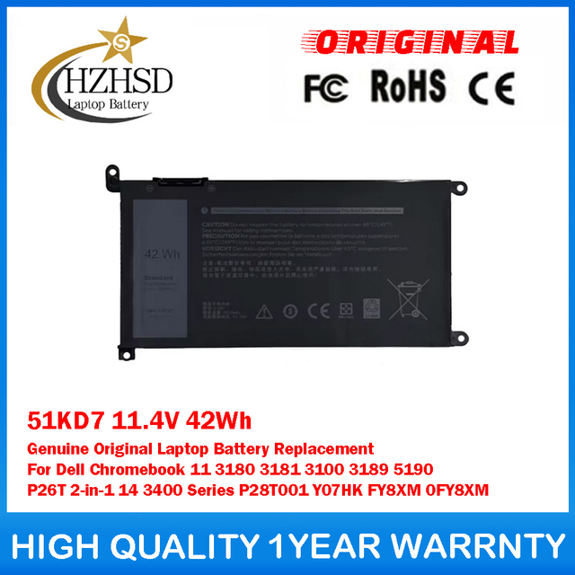 51KD7 11.4V 42Wh Genuine Original Laptop Battery Replacement For Dell Chromebook 11 3180 3181 3100 3189 5190 P26T 2-in-1 14 3400 Series P28T001 Y07HK FY8XM 0FY8XM