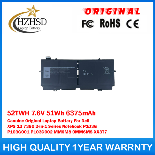 52TWH 7.6V 51Wh 6375mAh Genuine Original Laptop Battery For Dell XPS 13 7390 2-in-1 Series Notebook P103G P103G001 P103G002 MM6M8 0MM6M8 XX3T7