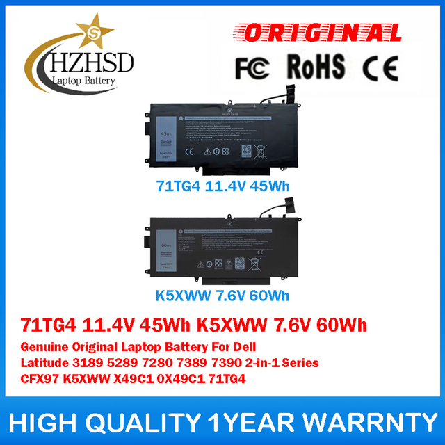 71TG4 11.4V 45Wh K5XWW 7.6V 60Wh Genuine Original Laptop Battery For Dell Latitude 3189 5289 7280 7389 7390 2-in-1 Series CFX97 K5XWW X49C1 0X49C1 71TG4