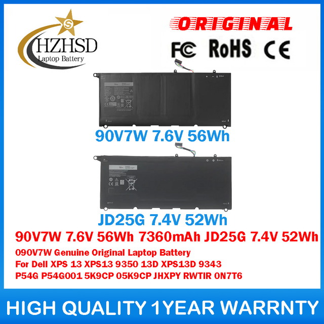 90V7W 7.6V 56Wh 7360mAh JD25G 7.4V 52Wh 090V7W Genuine Original Laptop Battery For Dell XPS 13 XPS13 9350 13D XPS13D 9343 P54G P54G001 5K9CP 05K9CP JHXPY RWTIR 0N7T6