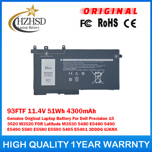 93FTF 11.4V 51Wh 4300mAh Genuine Original Laptop Battery For Dell Precision 15 3520 M3520 Latitude M3530 5480 E5480 5490 E5490 5580 E5580 E5590 5495 E5491 3DDDG GJKNX
