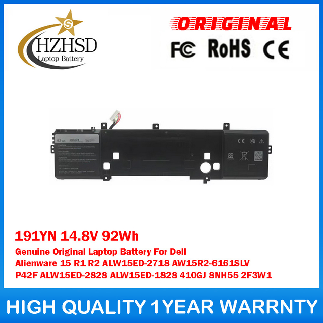 191YN 14.8V 92Wh Genuine Original Laptop Battery For Dell Alienware 15 R1 R2 ALW15ED-2718 AW15R2-6161SLV P42F ALW15ED-2828 ALW15ED-1828 410GJ 8NH55 2F3W1
