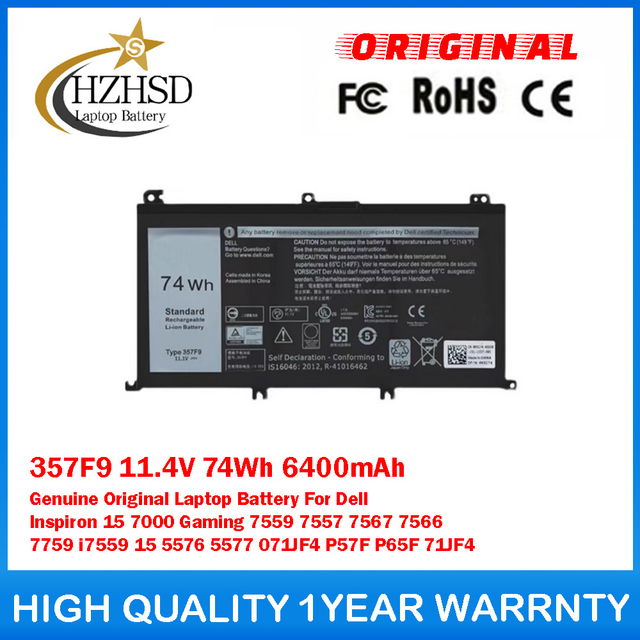 357F9 11.4V 74Wh 6400mAh Genuine Original Laptop Battery For Dell Inspiron 15 7000 Gaming 7559 7557 7567 7566 7759 i7559 15 5576 5577 071JF4 P57F P65F 71JF4