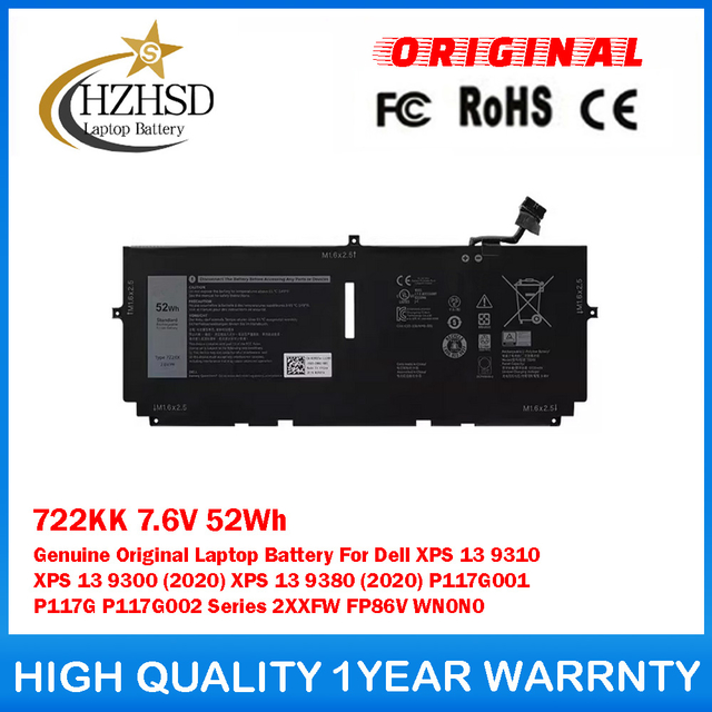 722KK 7.6V 52Wh Genuine Original Laptop Battery For Dell XPS 13 9310 XPS 13 9300 (2020) XPS 13 9380(2020)P117G001 P117G P117G002 Series 2XXFW FP86V WN0N0