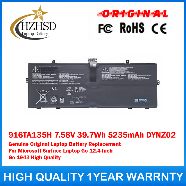 916TA135H 7.58V 39.7Wh 5235mAh DYNZ02 Genuine Original Laptop Battery Replacement For Microsoft Surface Laptop Go 12.4-Inch Go 1943 High Quality